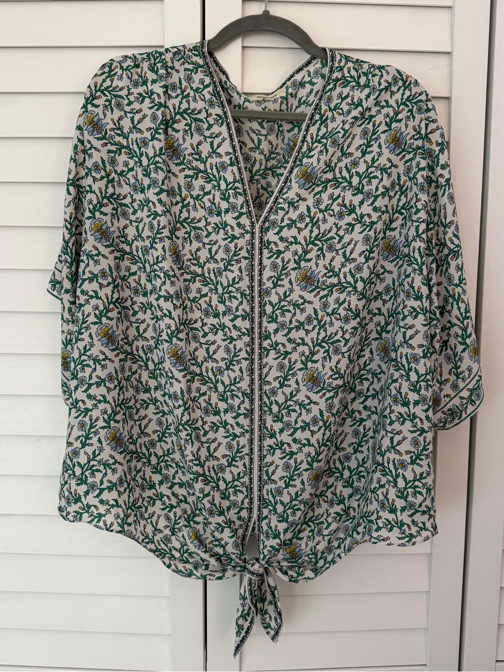 Max Studio Green White Floral Tie-Front Blouse, Boho, Romantic, Flowy, Fall